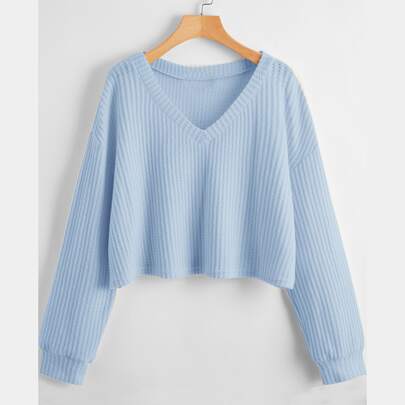 플러스 사이즈 여성용 웨이블 텍스처 솔리드 브이넥 긴팔 캐주얼 티셔츠