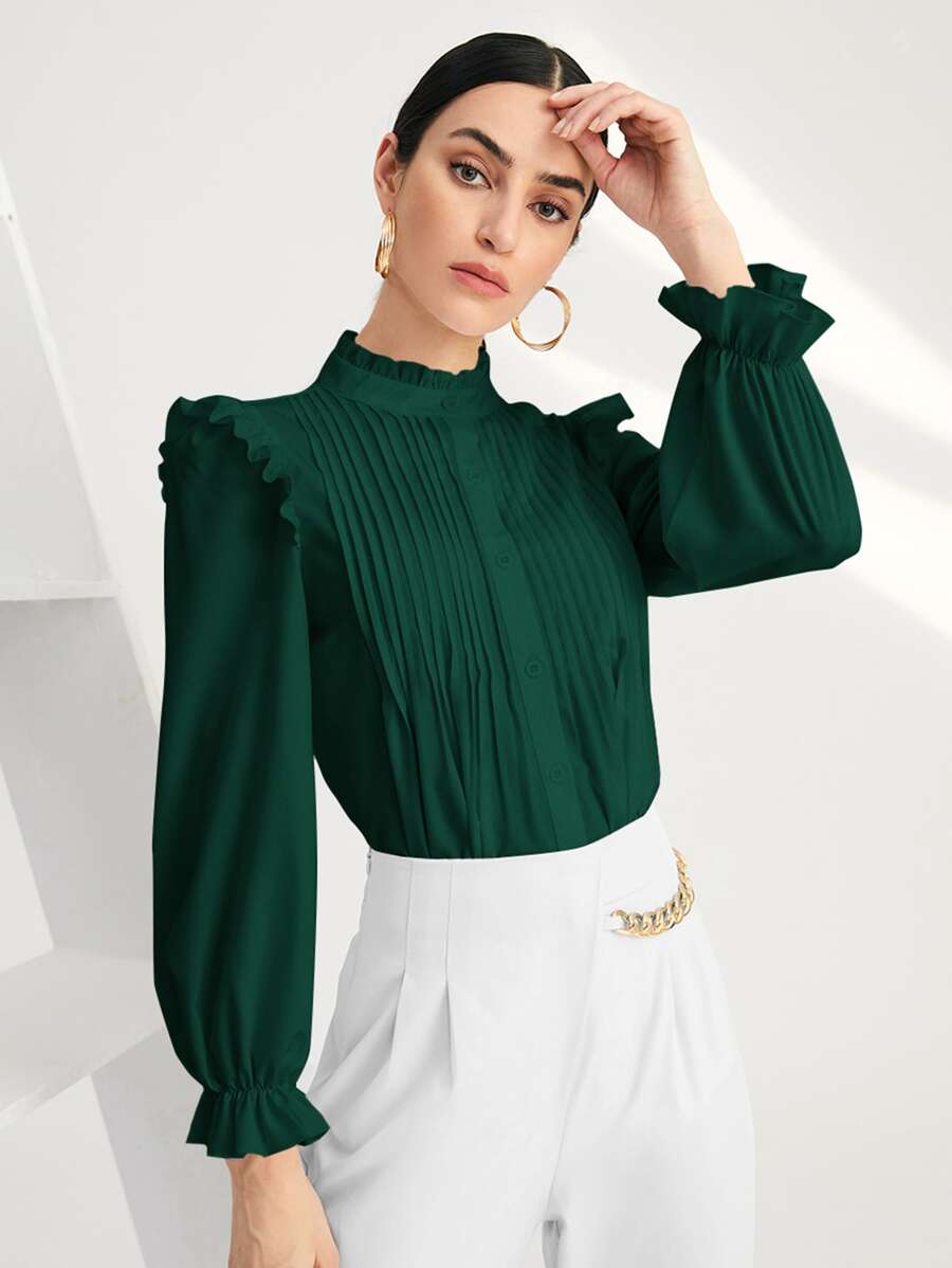 SHEIN BIZwear Solid Pleated Ruffle Trim Blouse - Dark Green - View 1