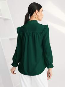 SHEIN BIZwear Solid Pleated Ruffle Trim Blouse - Dark Green - View 2