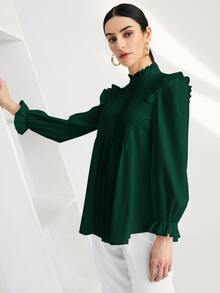 SHEIN BIZwear Solid Pleated Ruffle Trim Blouse - Dark Green - View 3