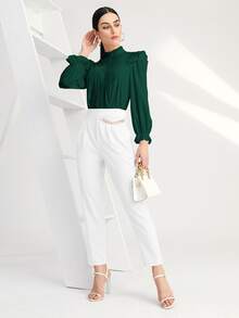 SHEIN BIZwear Solid Pleated Ruffle Trim Blouse - Dark Green - View 4
