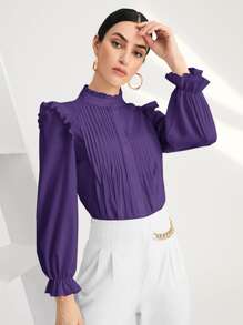 SHEIN BIZwear Solid Pleated Ruffle Trim Blouse - Violet Purple - View 1