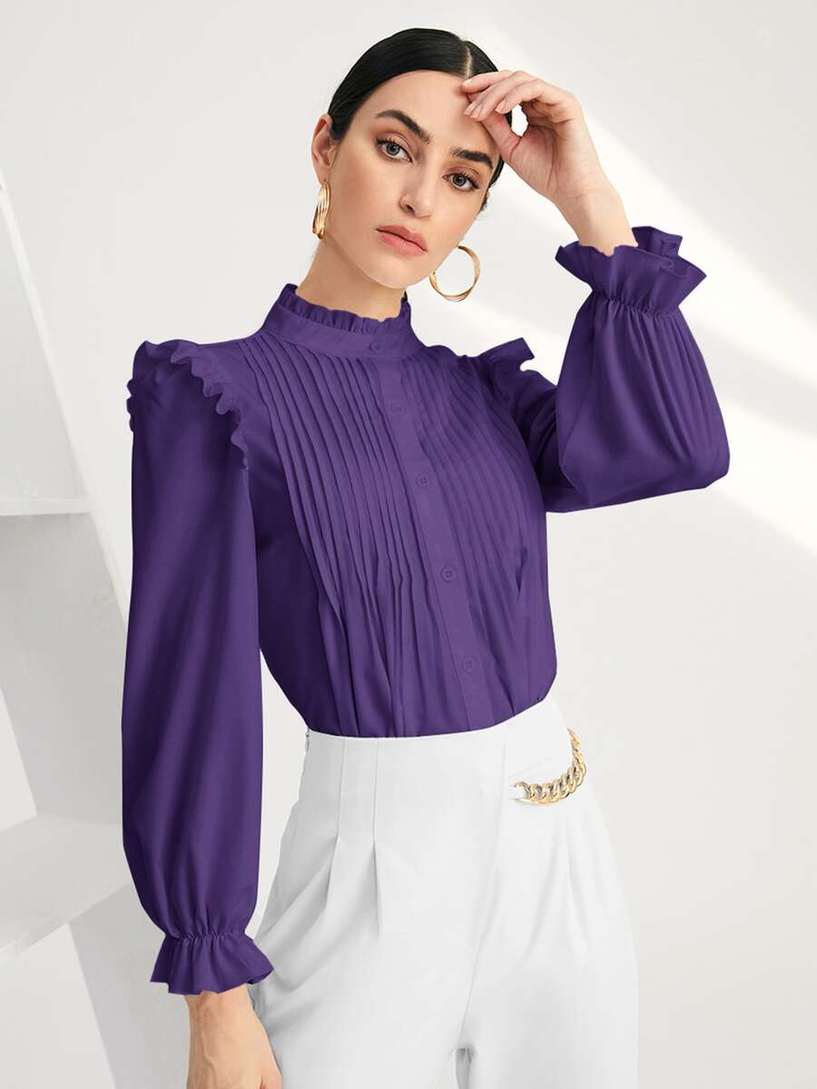 SHEIN BIZwear Solid Pleated Ruffle Trim Blouse - Violet Purple - View 1