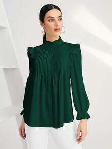 SHEIN BIZwear Solid Pleated Ruffle Trim Blouse - Dark Green - View 5