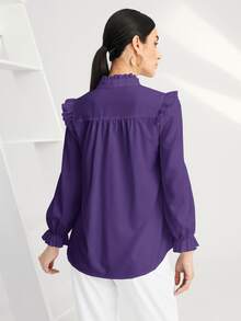 SHEIN BIZwear Solid Pleated Ruffle Trim Blouse - Violet Purple - View 2