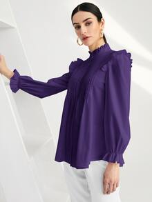 SHEIN BIZwear Solid Pleated Ruffle Trim Blouse - Violet Purple - View 3