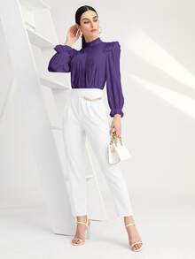 SHEIN BIZwear Solid Pleated Ruffle Trim Blouse - Violet Purple - View 4