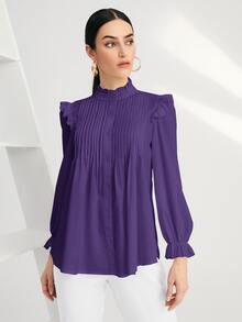 SHEIN BIZwear Solid Pleated Ruffle Trim Blouse - Violet Purple - View 5