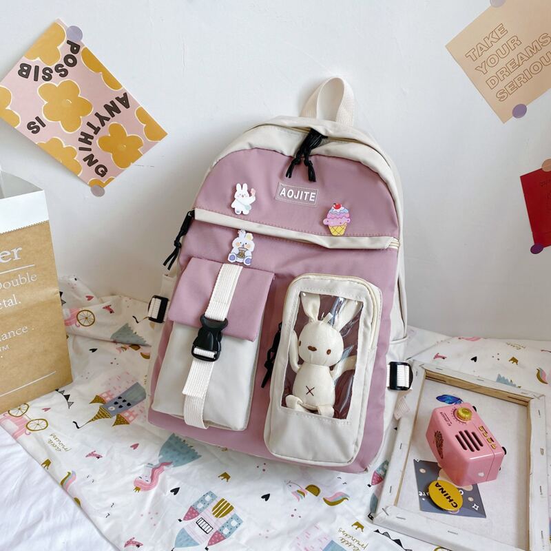 

Pocket Front Backpack With Cartoon Badge, Beige
