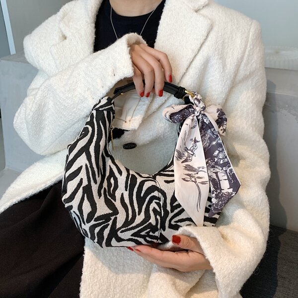 

Scarf Decor Zebra Stripe Print Ruched Bag, Black and white