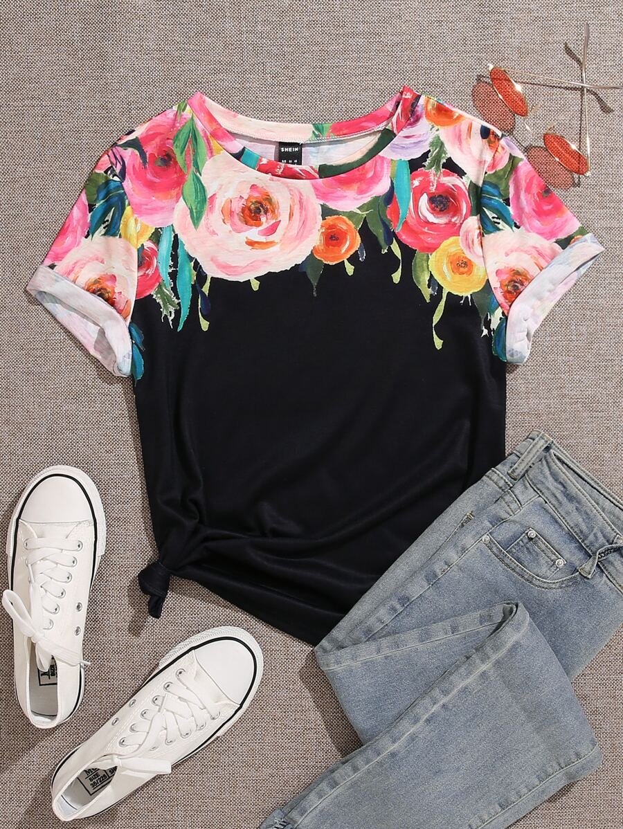 SHEIN LUNE Áo thun Plus size Hoa Giải trí - Nhiều màu - Xem 1