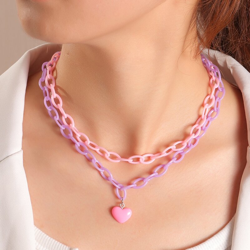 

Heart Pendant Layered Chain Necklace, Multicolor