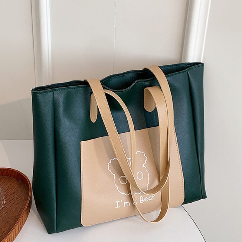 

Cartoon Print Letter Graphic Tote Bag, Dark green