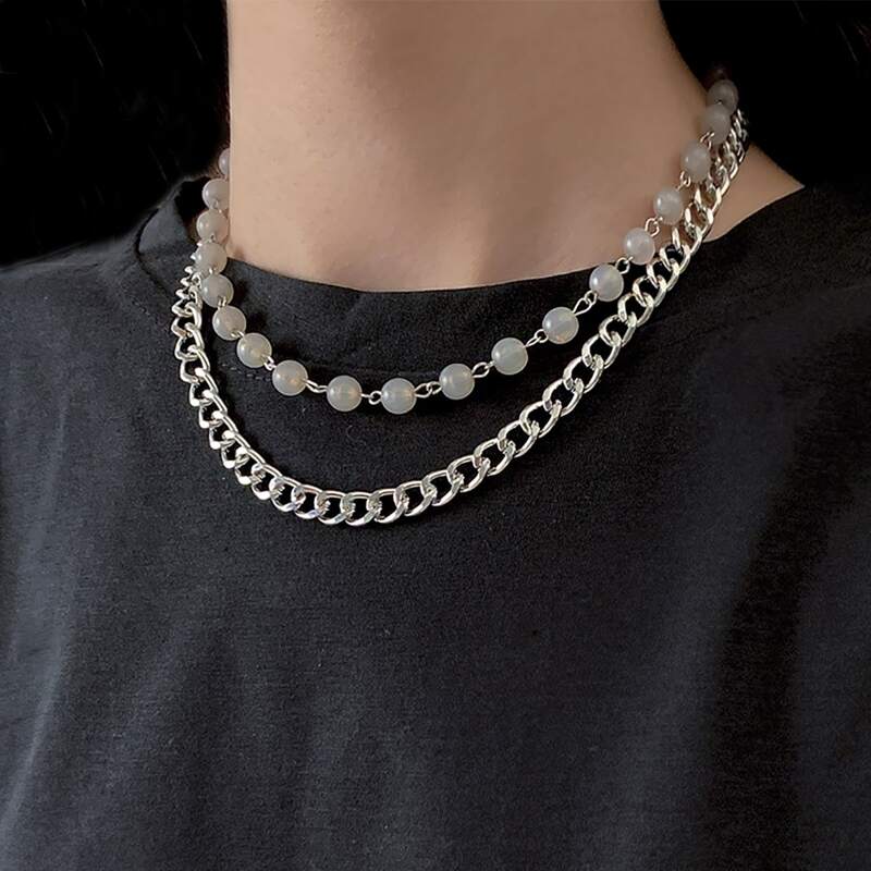 

Guys 2pcs Bead Decor Necklace, Silver