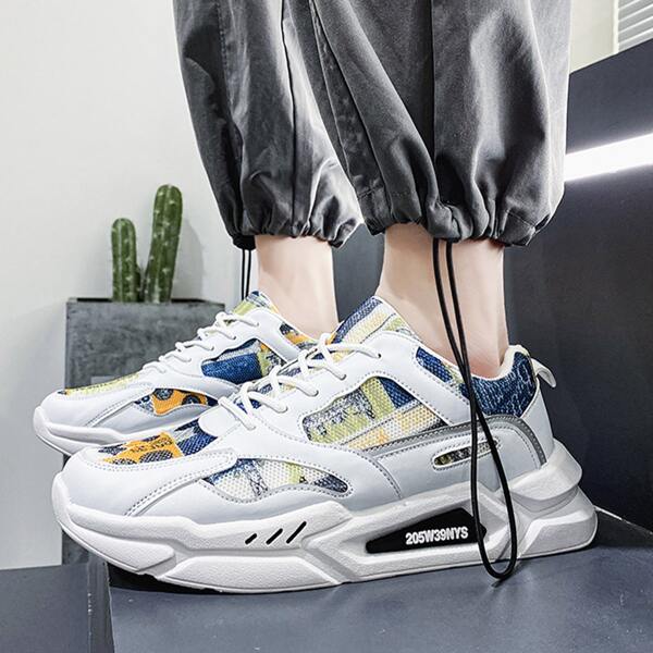 

Men Mesh Panel Lace Up Front Chunky Sneakers, Multicolor