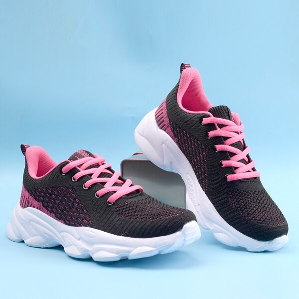 

Two Tone Mesh Panel Lace-up Front Running Shoes, Black