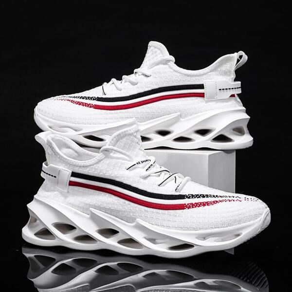 

Men Striped Lace-up Running Shoes, White