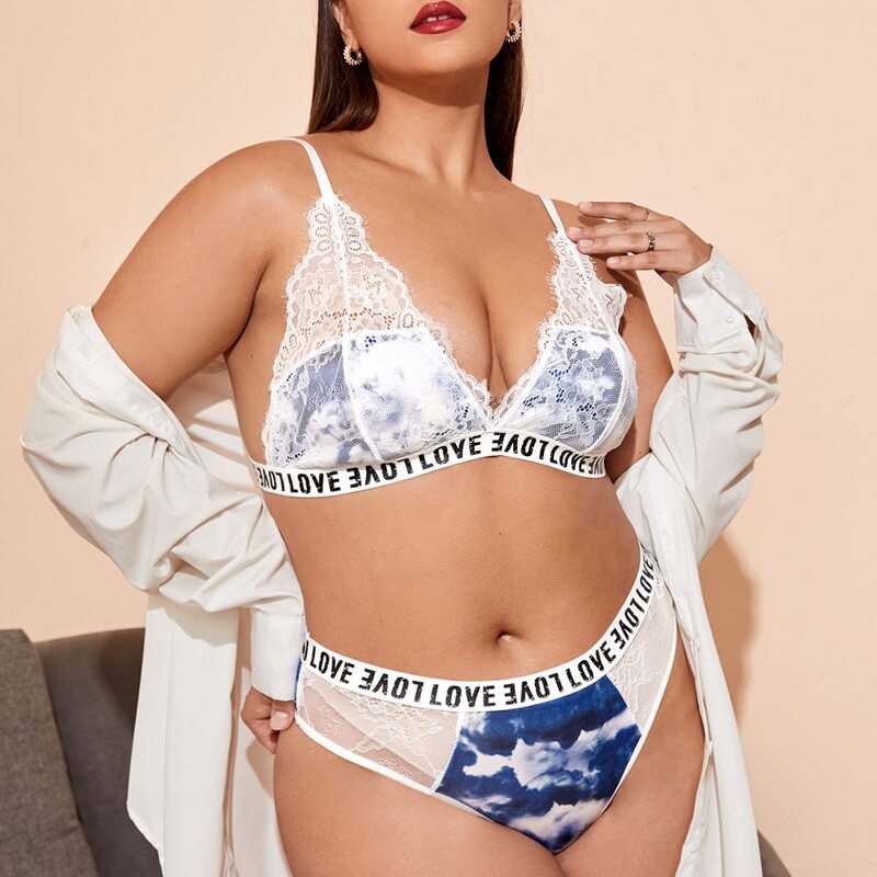 

Plus Tie Dye Floral Lace Lingerie Set, Blue and white