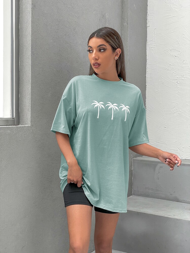SHEIN Unity Drop Shoulder Coconut Tree Print Longline Tee - Green - View 3
