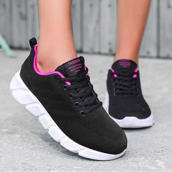 

Knit Detail Lace-up Front Running Shoes, Black