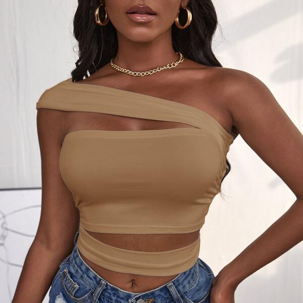 

One Shoulder Lace Up Top, Khaki