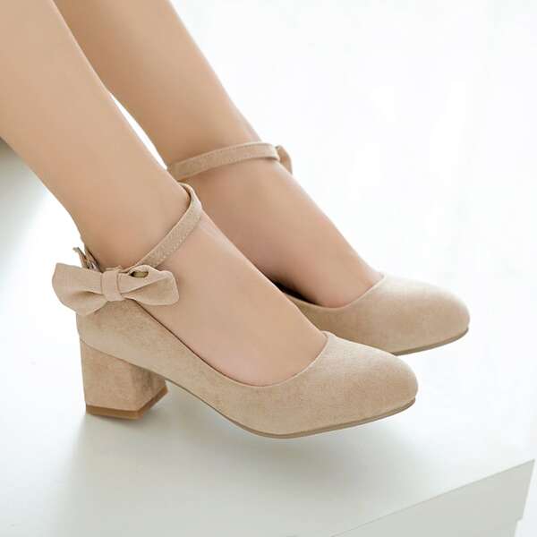 

Suede Bow Decor Ankle Strap Chunky Pumps, Apricot