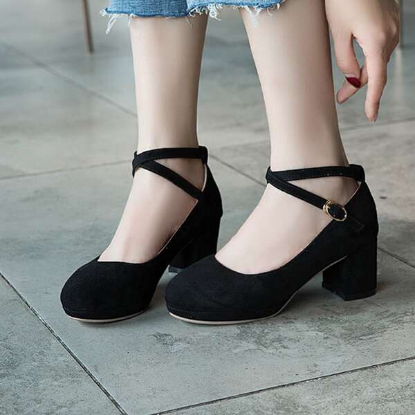 

Suede Ankle Strap Chunky Pumps, Black
