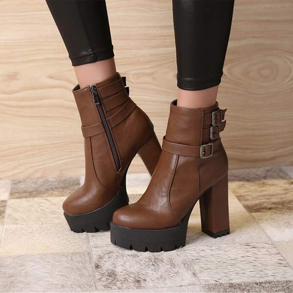 

Buckle Decor Side Zip Boots, Brown