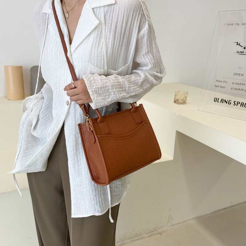 

Double Handle Croc Embossed Satchel Bag, Brown