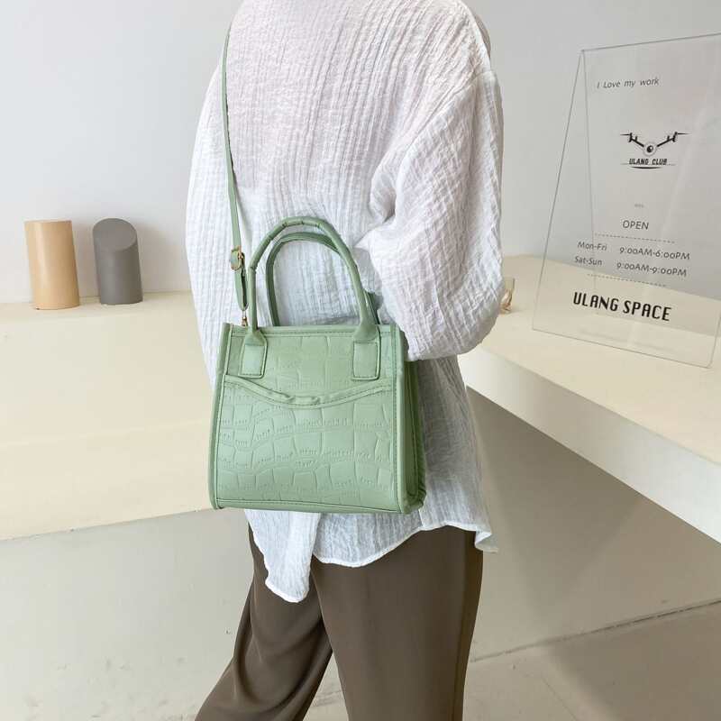 

Double Handle Croc Embossed Satchel Bag, Green
