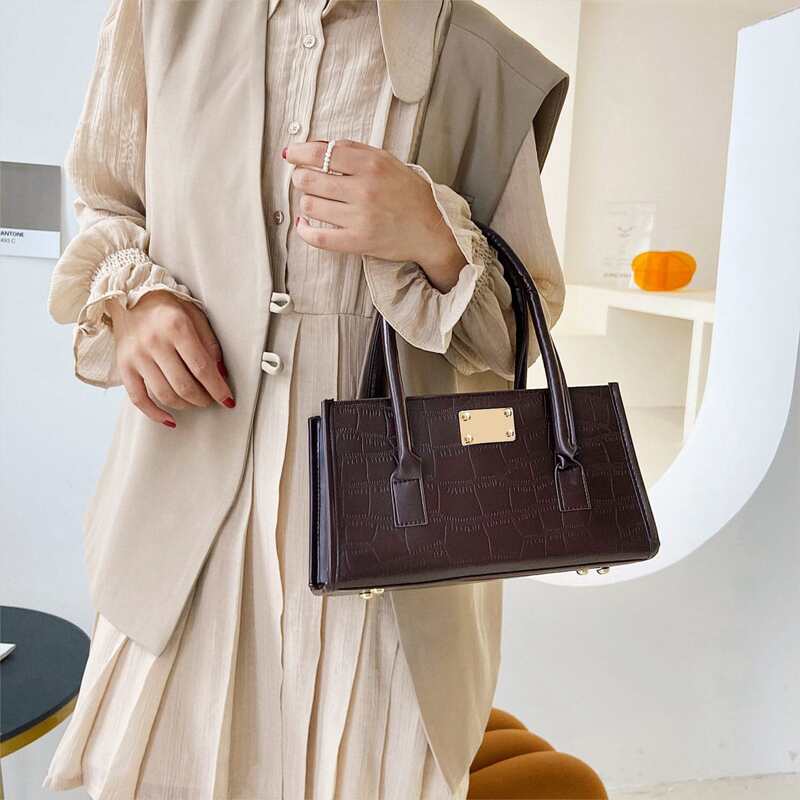 

Metal Decor Croc Embossed Satchel Bag, Coffee brown
