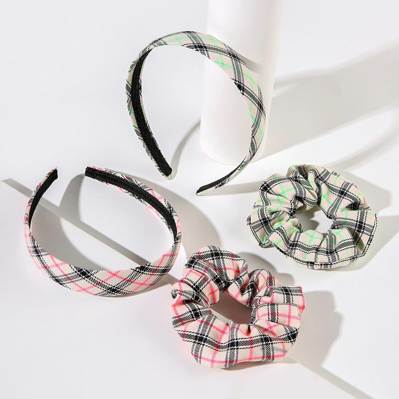 

2pcs Plaid Pattern Scrunchie & 2pcs Headband, Multicolor