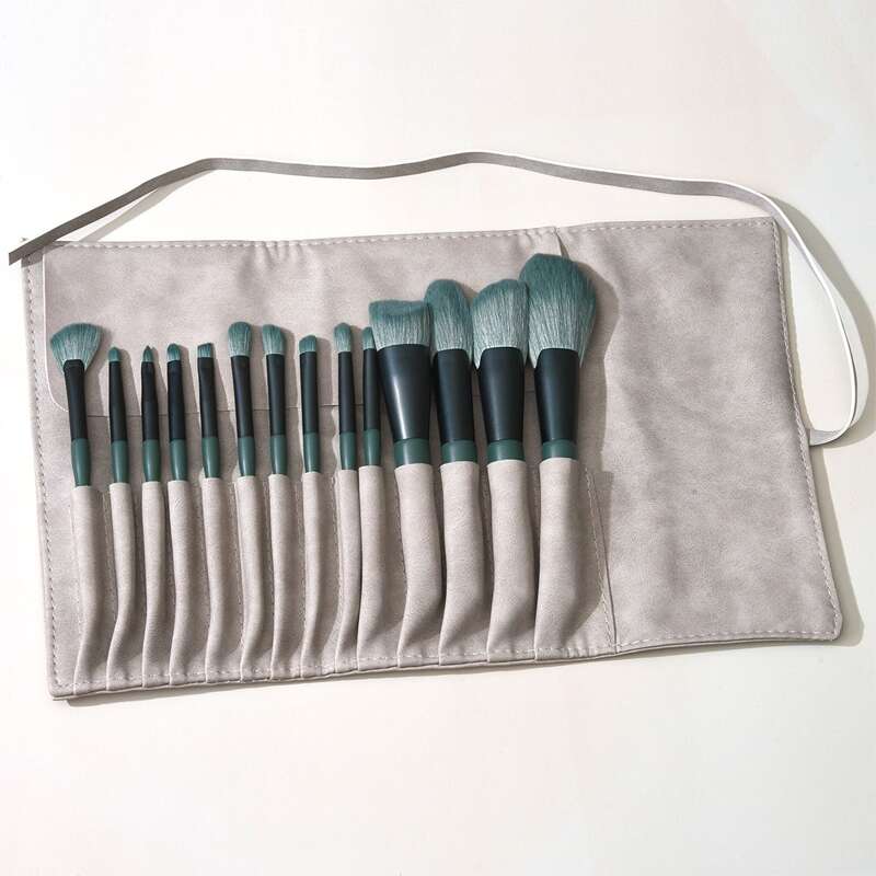 

14pcs Makeup Brush Set & 1pc Storage Bag, Dark green