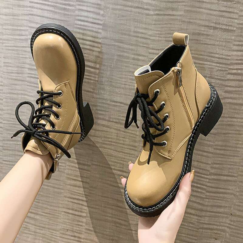 

Side Zipper Lace-up Front Boots, Khaki