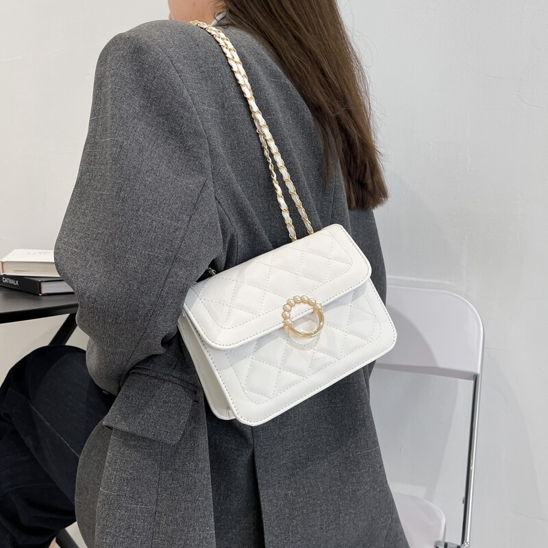 

Faux Pearl Decor Quilted Flap Chain Bag, White