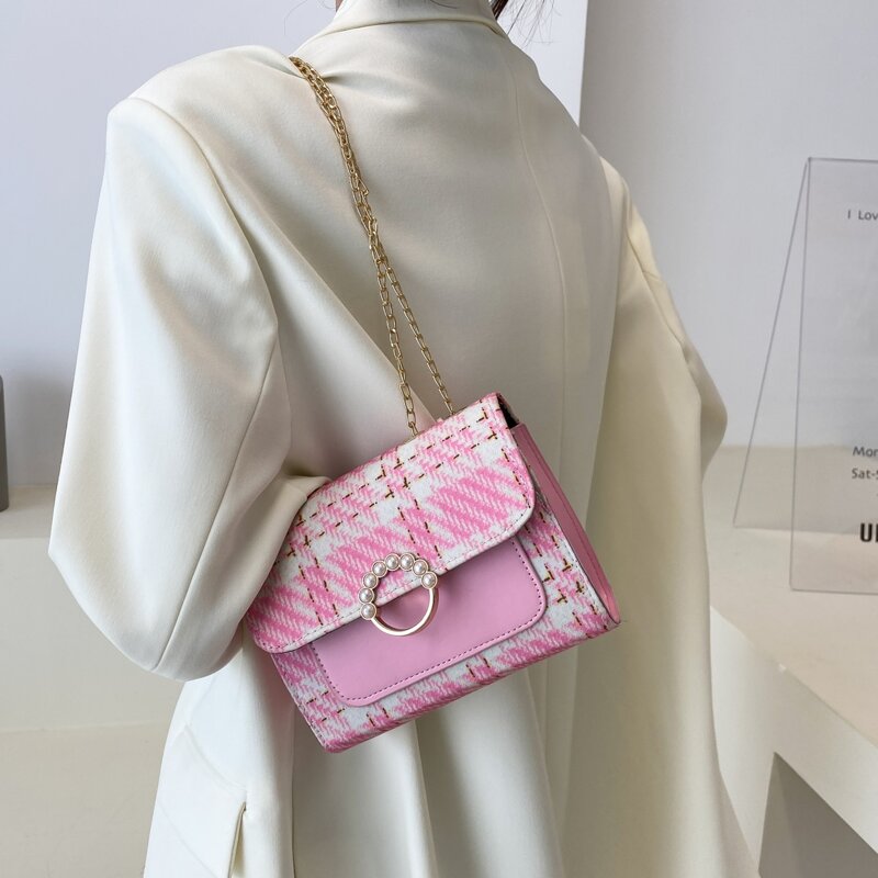 

Faux Pearl Decor Flap Chain Bag, Pink