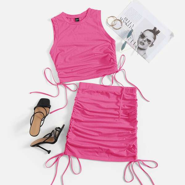

Ruched Drawstring Tank Top & Skirt Set, Hot pink