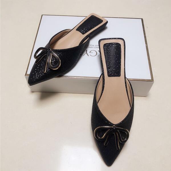 

Point Toe Bow Decor Mules, Black
