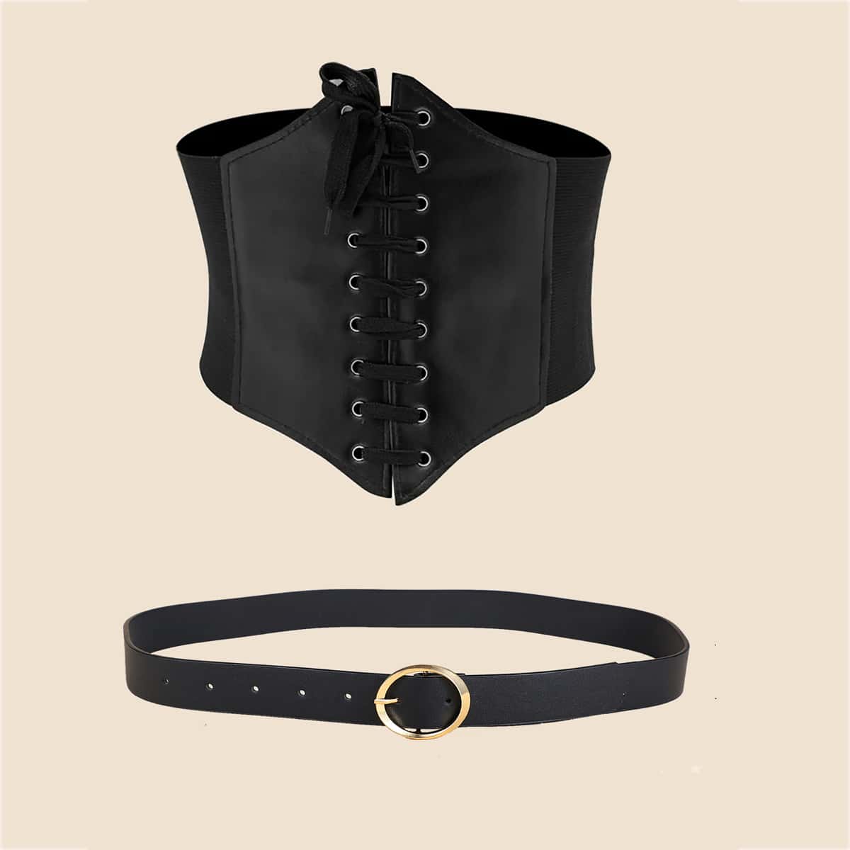 

1pc Metal Buckle Belt & 1pc Lace Up Corset Belt, Black