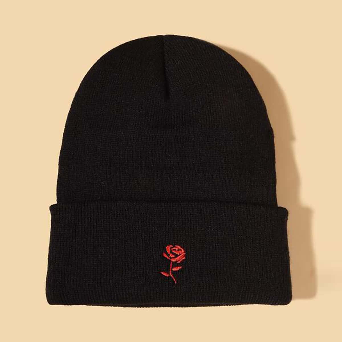 

Flower Embroidery Beanie, Black