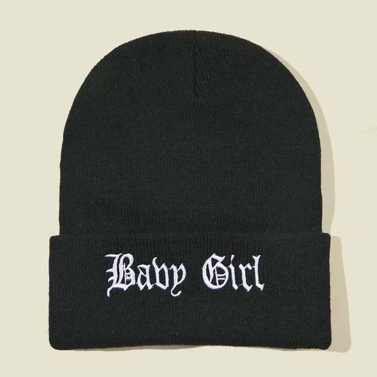 

Letter Embroidery Knit Beanie, Black