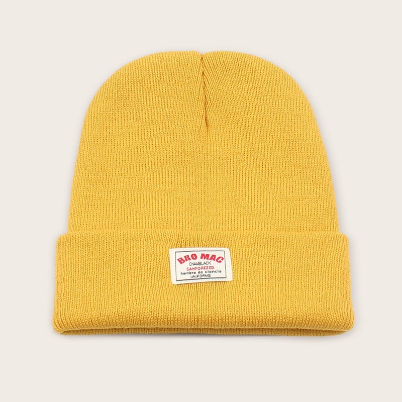 

Letter Patch Knit Beanie, Yellow