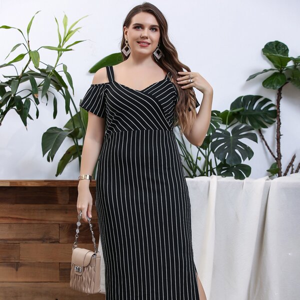 

Plus Striped Print Cold Shoulder Fitted Dress, Black