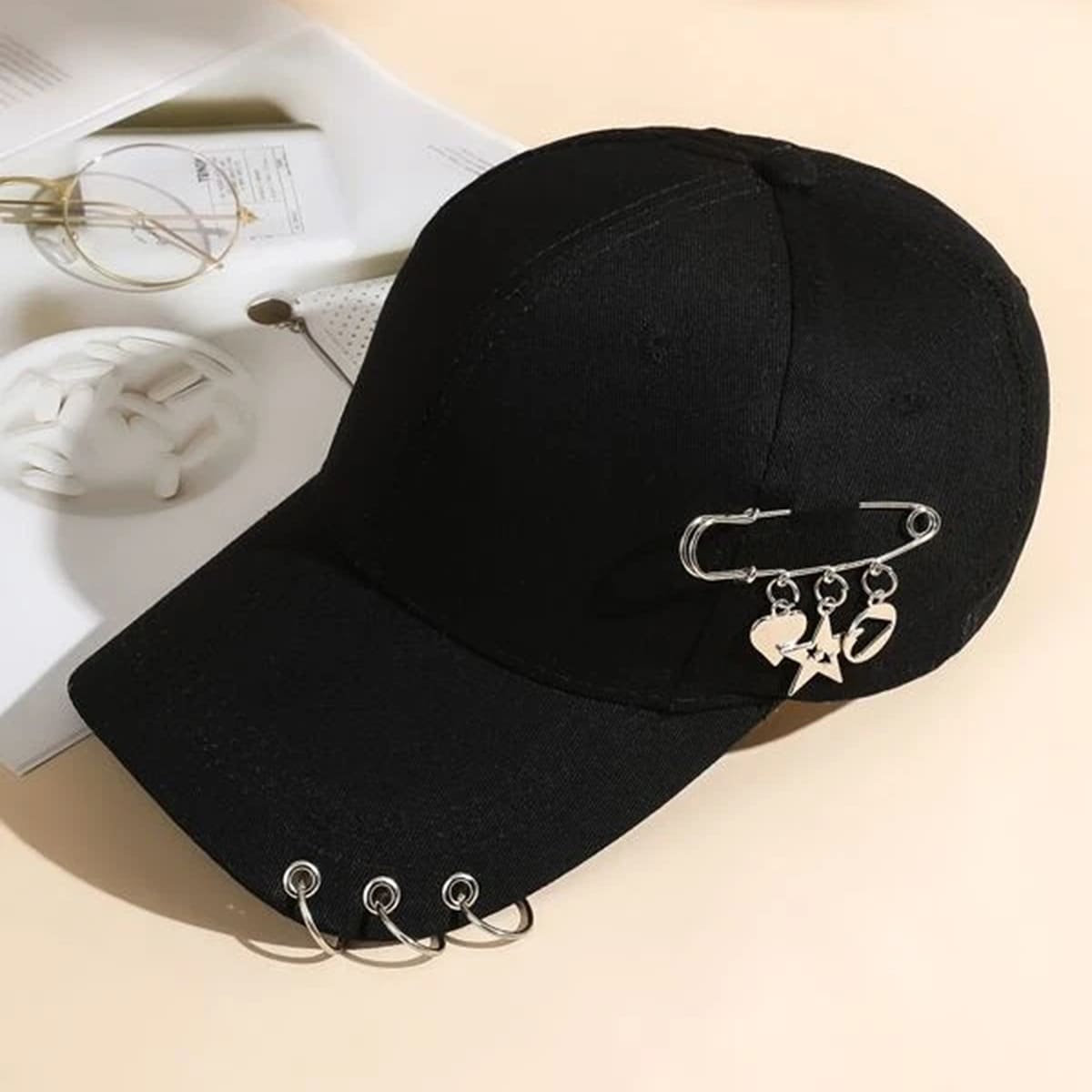 

Heart & Star Decor Baseball Cap, Black