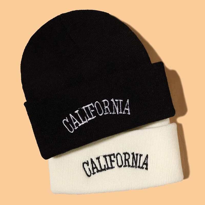

2pcs Letter Embroidery Knit Beanie, Black and white