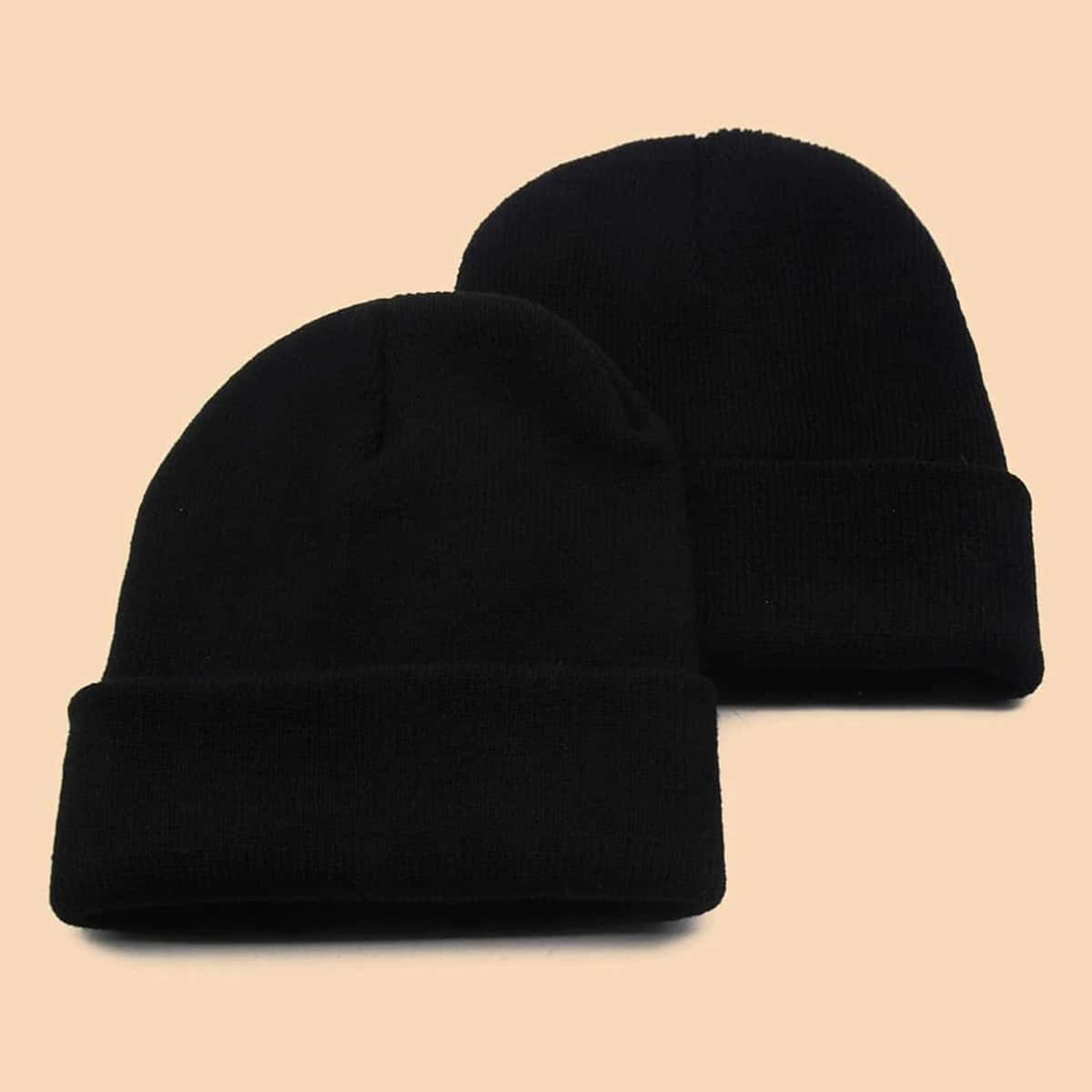 

2pcs Plain Knit Beanie, Black