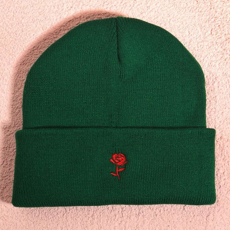 

Flower Embroidery Knit Beanie, Dark green
