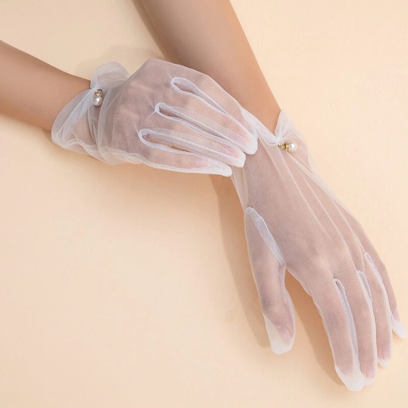 

Faux Pearl Decor Gloves, White