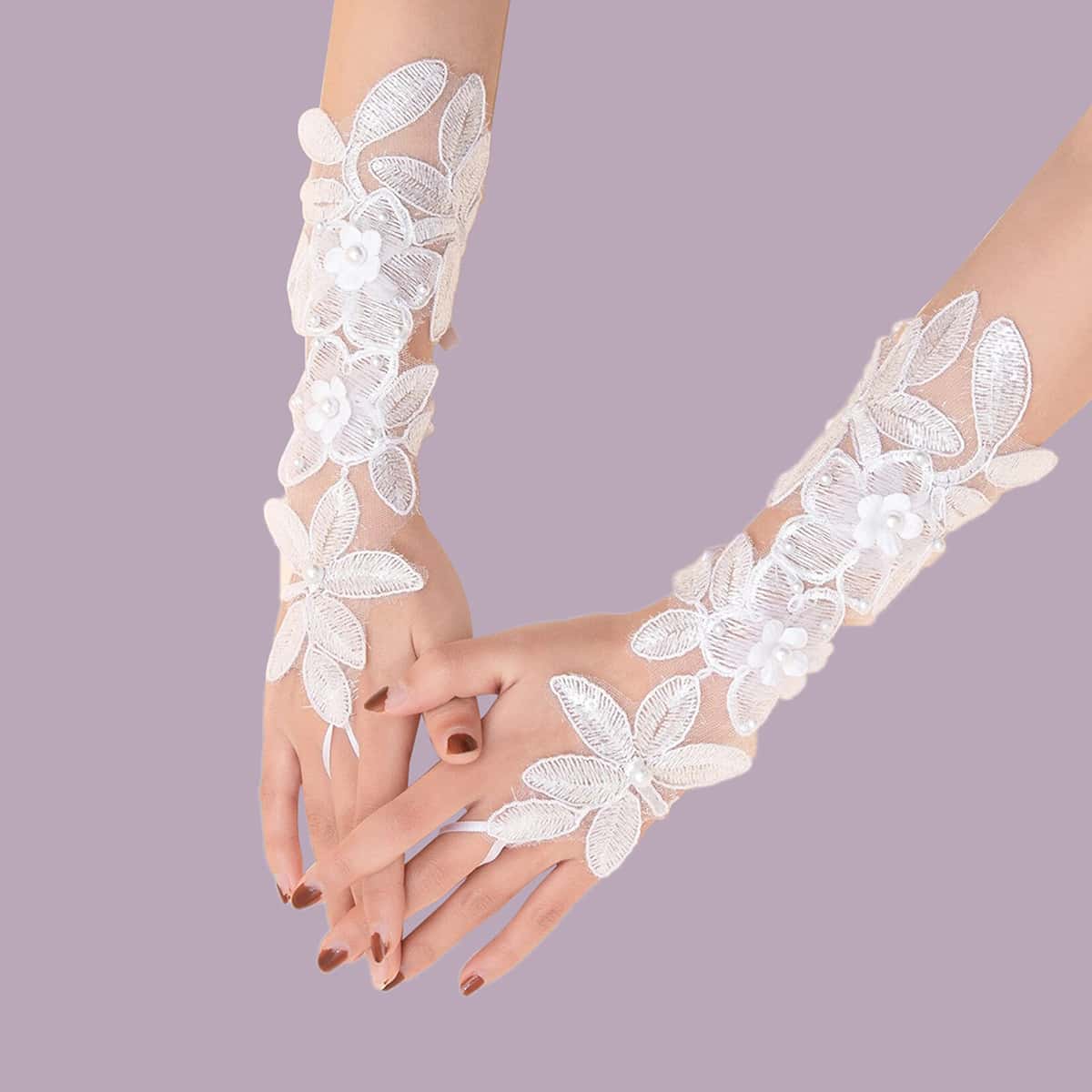 

Flower Decor Long Gloves, White