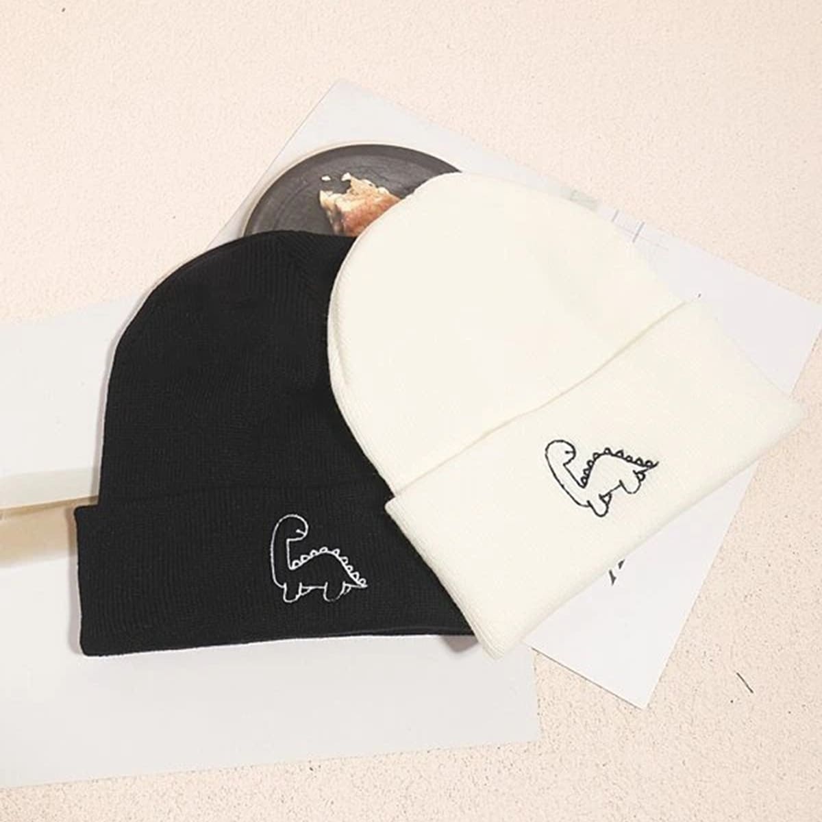 

2pcs Dinosaur Embroidery Beanie, Multicolor